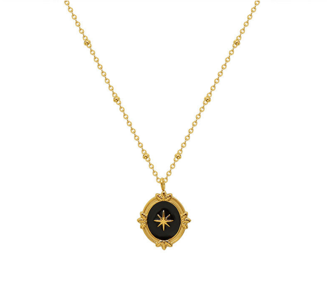 Black Enamel Oval Pendant Necklace