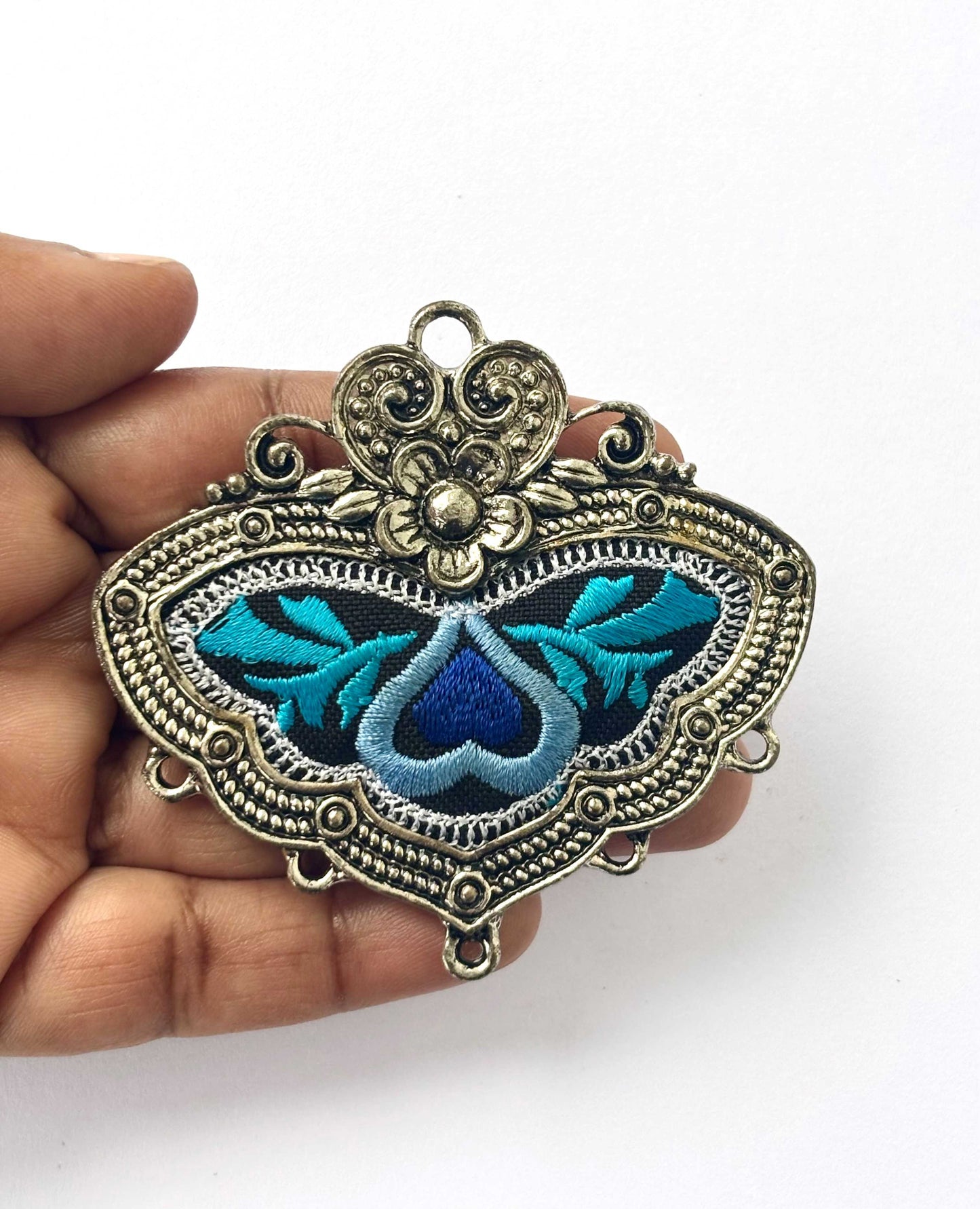 Blue Embroidered Heart Pendant