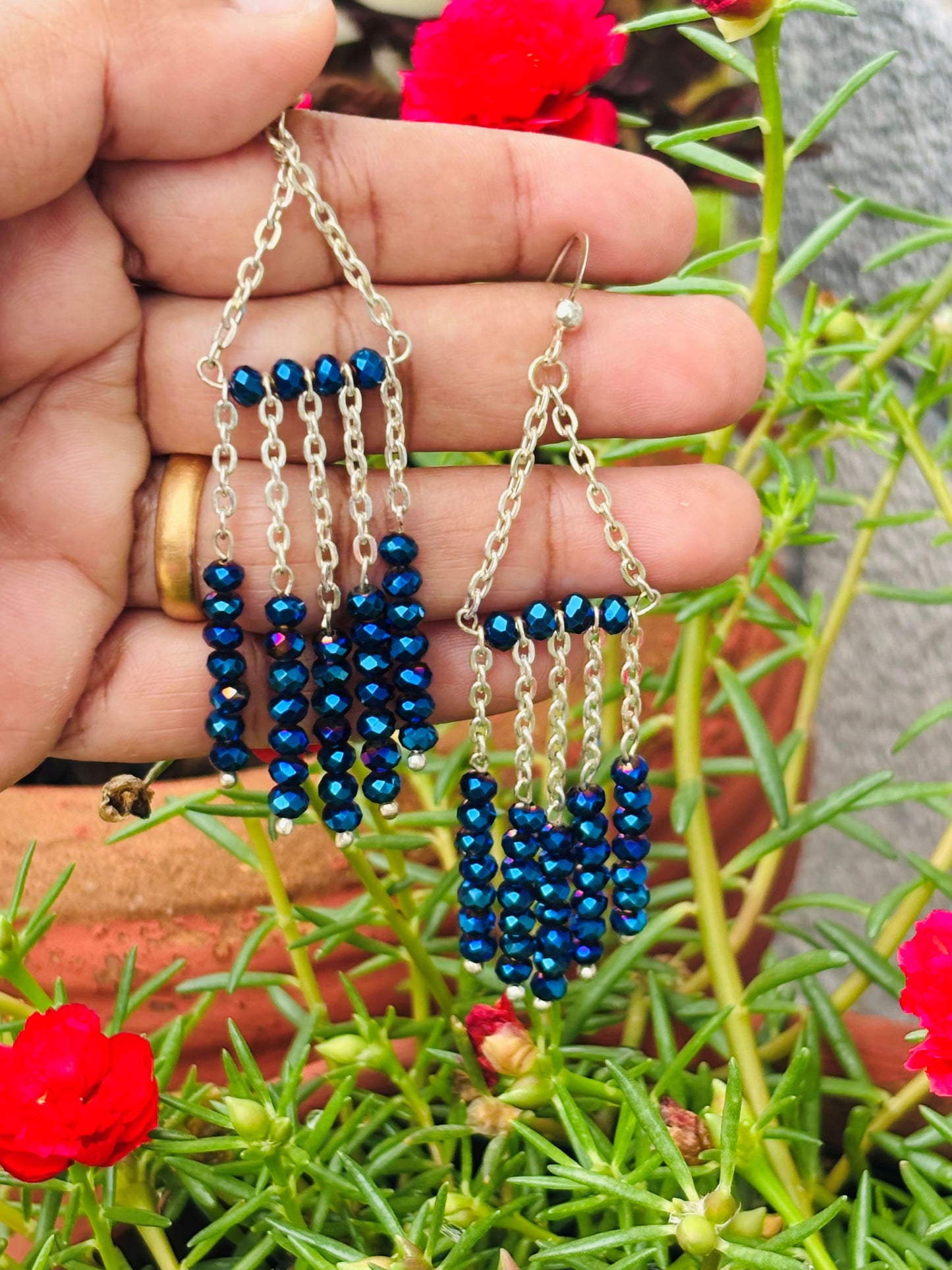 Silver Chain And Metallic Blue Beaded Tassel Earrings
