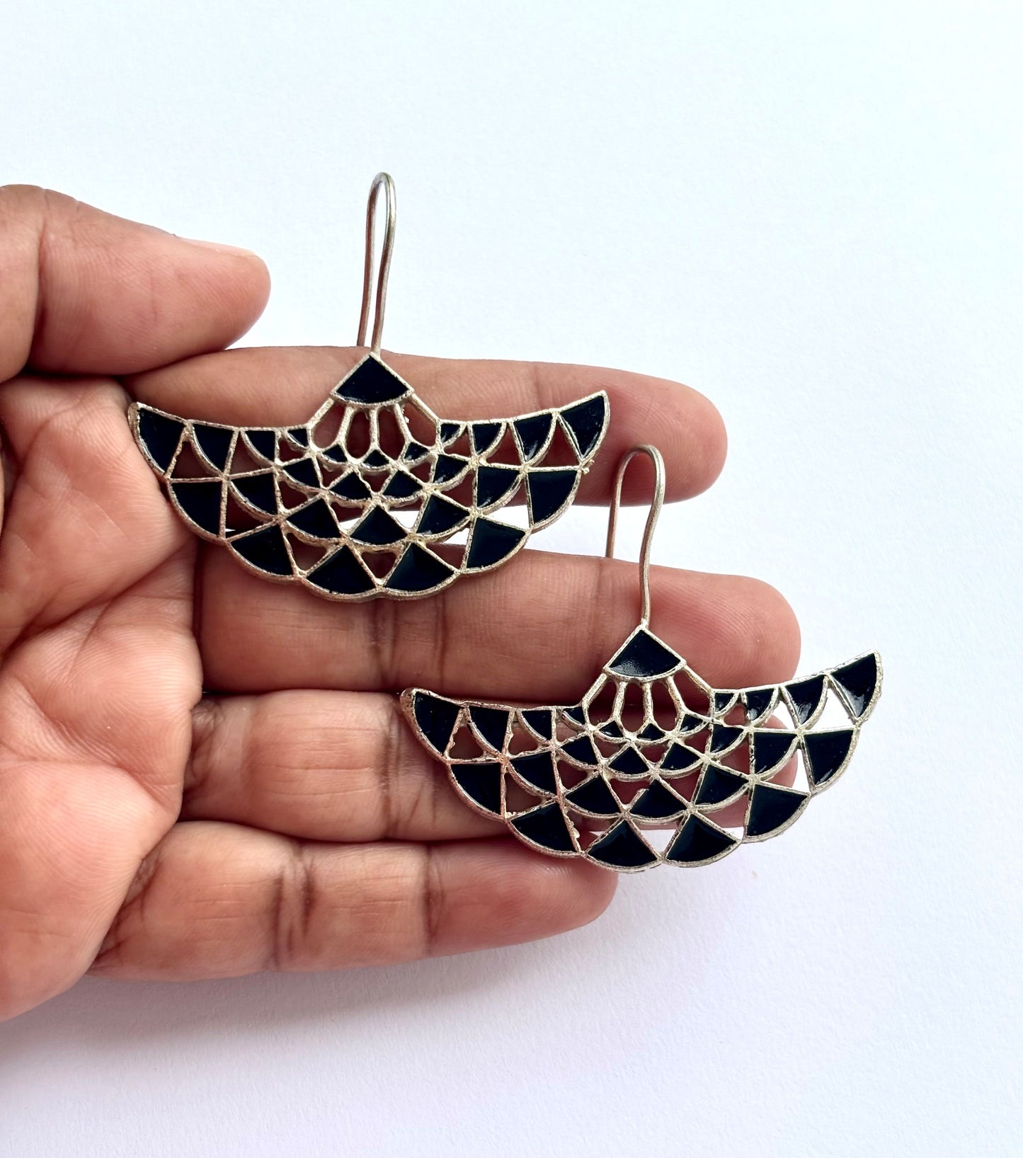 Oxidized Black and Silver Geometric Fan Earrings