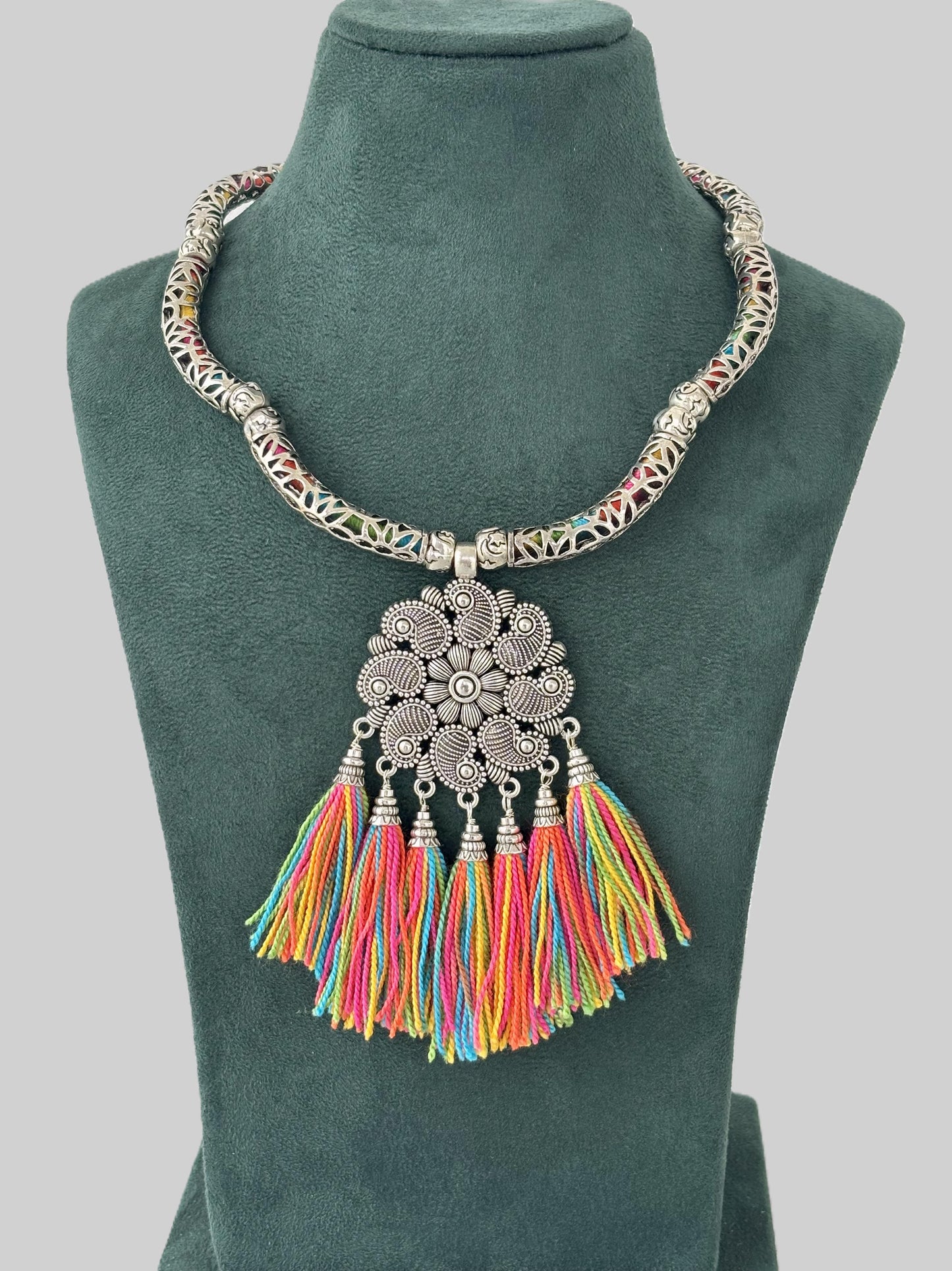 Handmade Boho Statement Necklace with Colorful Tassels