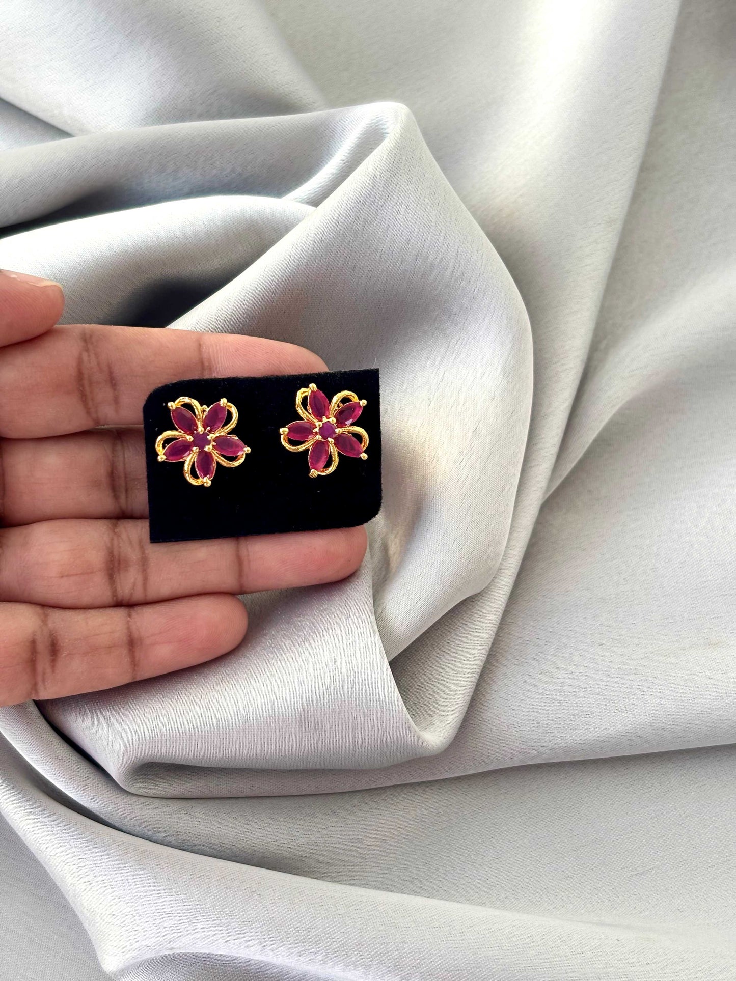 Gold Plated Pink Stone Swirl Floral Studs
