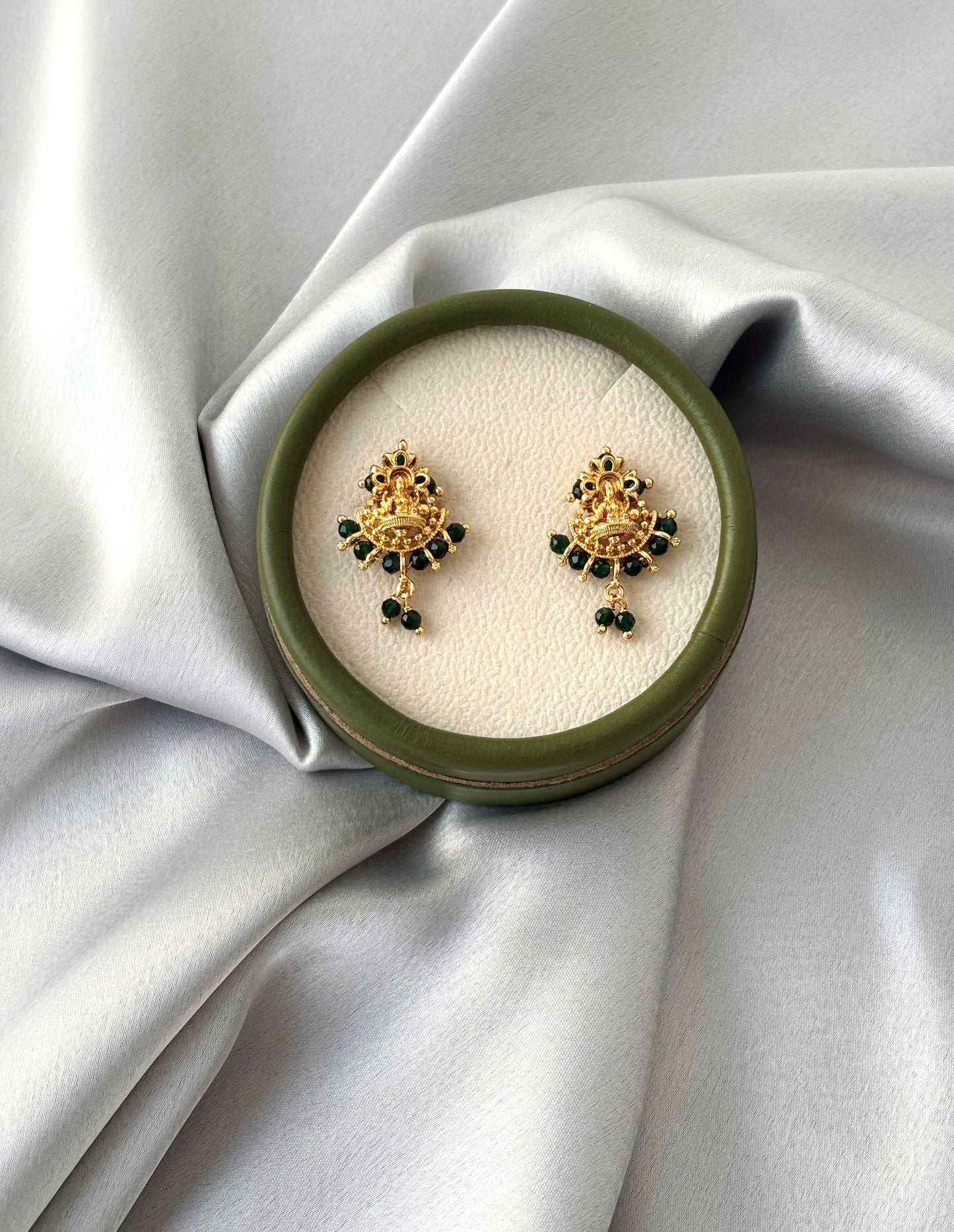 Gold Plated Laxmi Deity Earrings with Green Beads