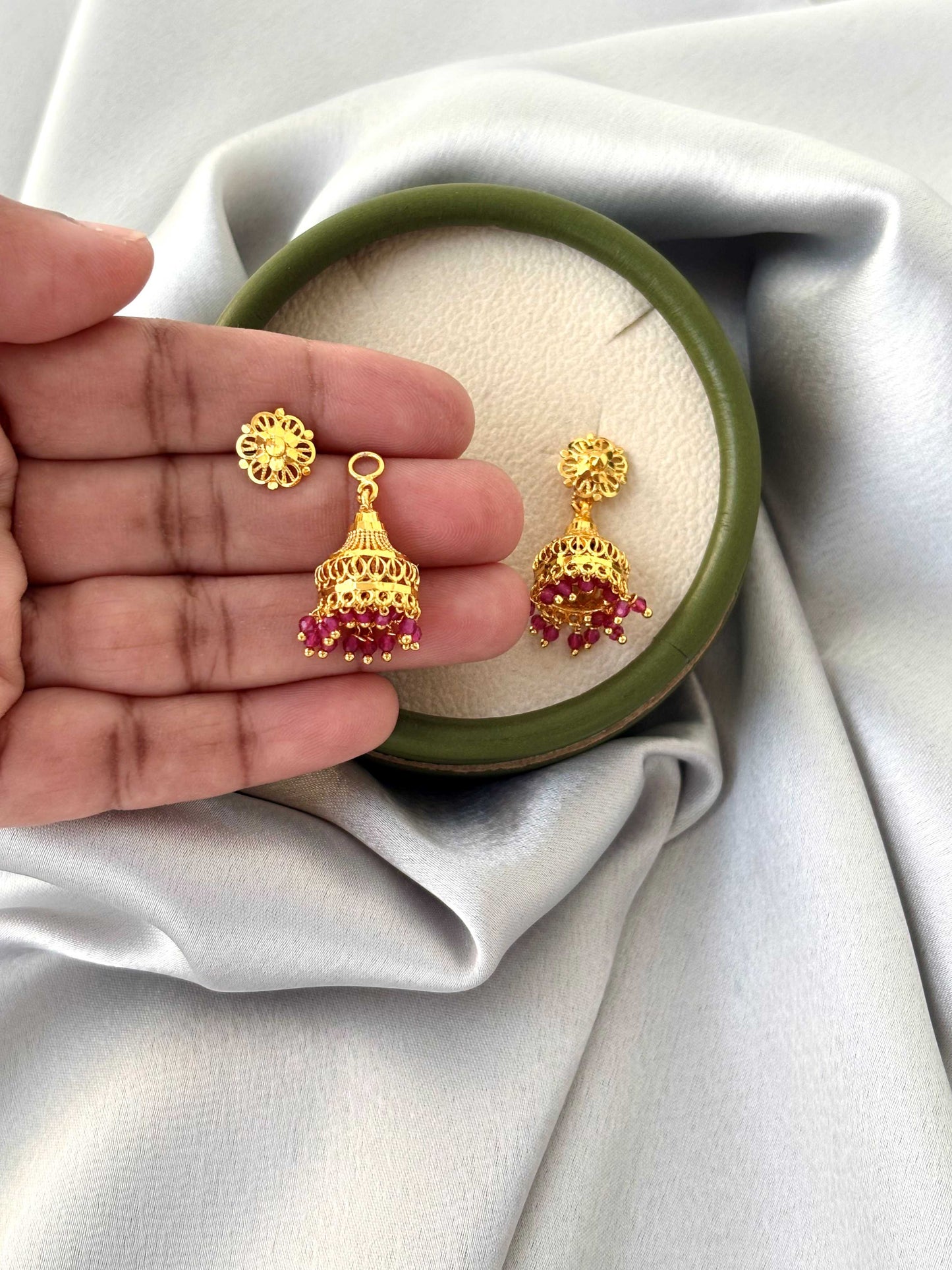 Gold Plated Jhumka with Pink Hydro Beads