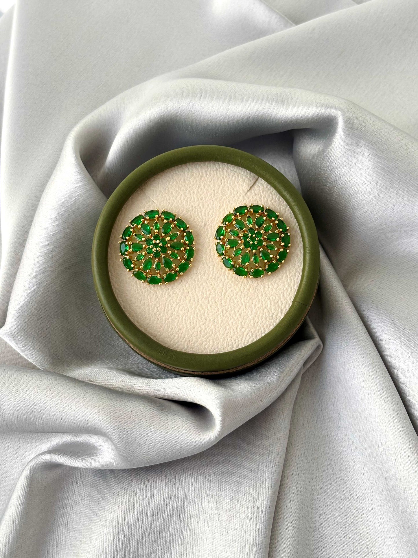 Gold Plated Green Stone Circular Studs