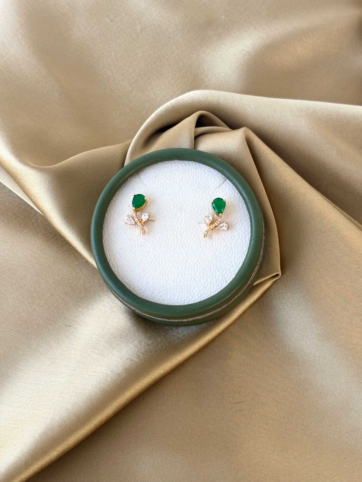 Gold Plated Green Teardrop Floral Studs