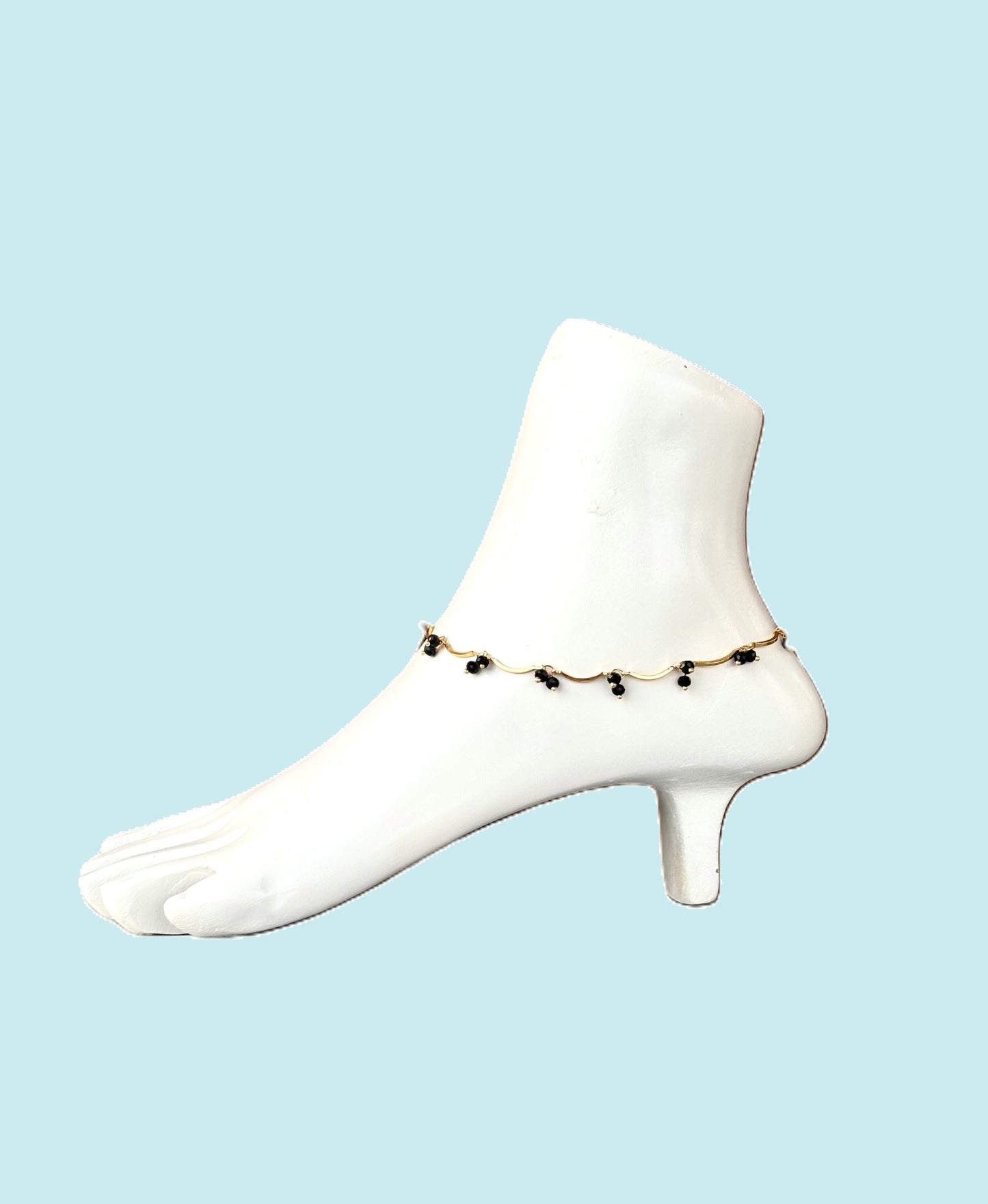 Gold-Plated Black Crystal Bead Anklet Size 10.5