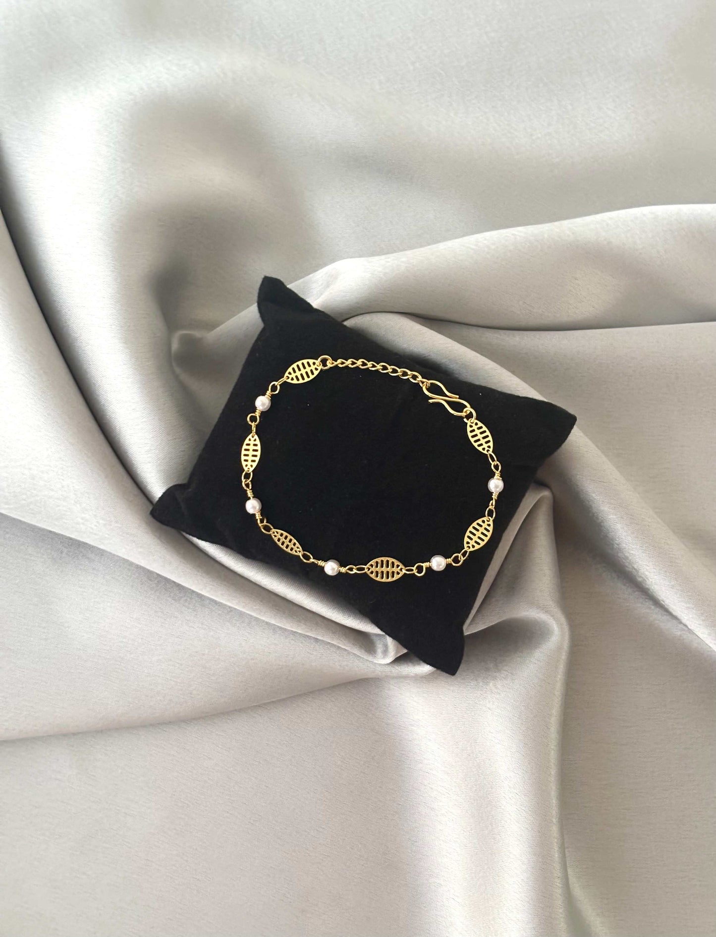 Gold-Plated Leaf and Pearl Bracelet