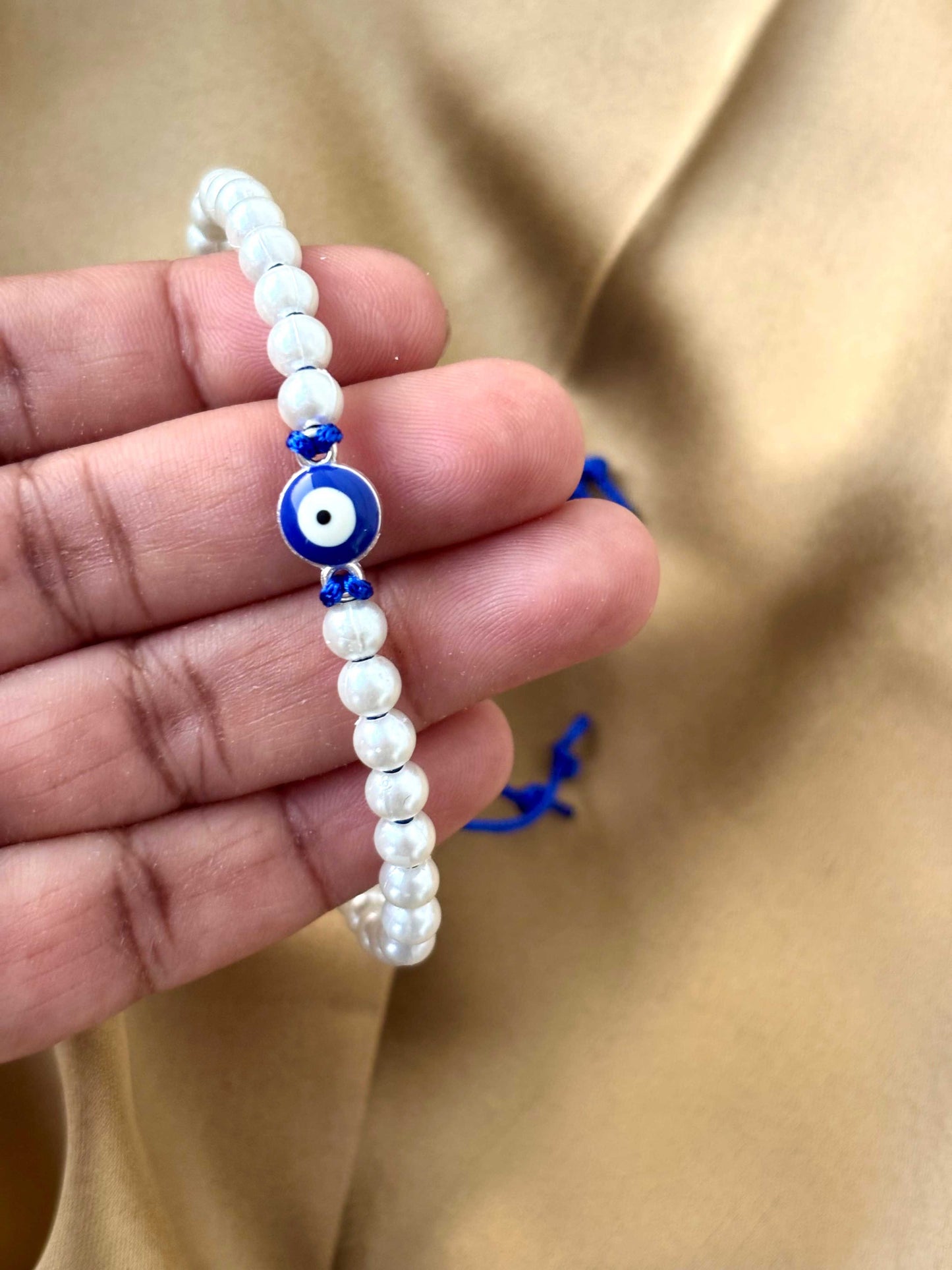 White Pearl & Blue Evil Eye Bracelet