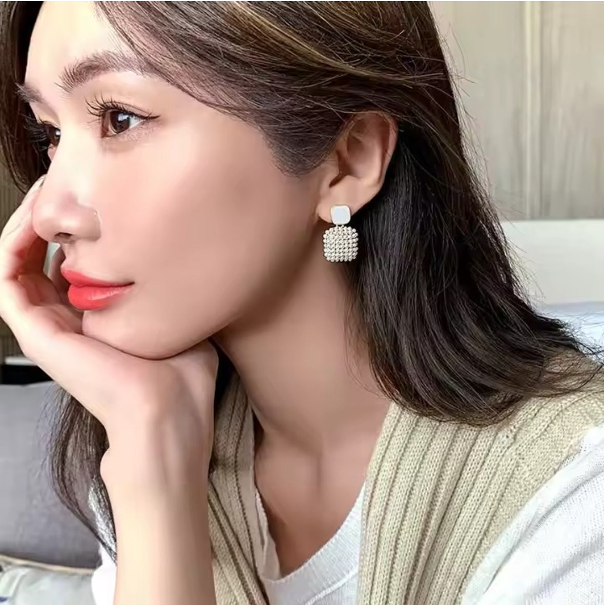 Square Pearl Cluster Drop Earrings