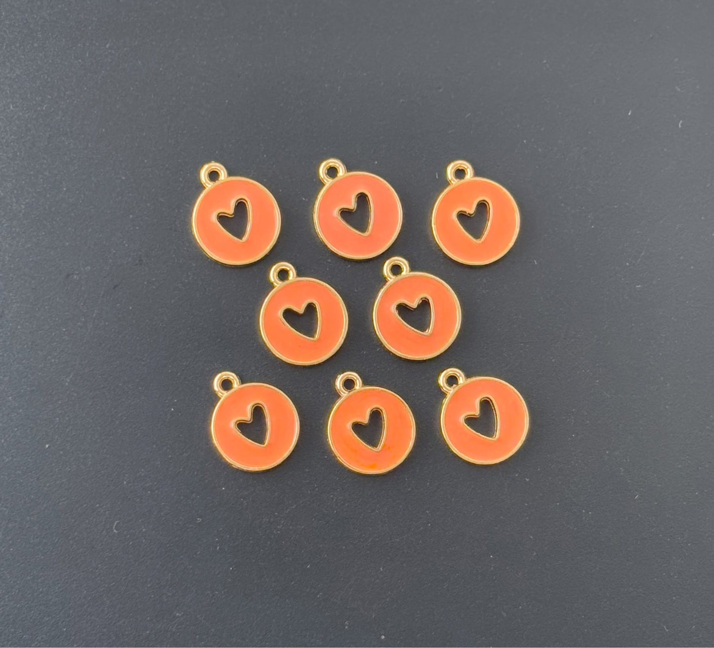 Four Pieces Enamelled Charms - Orange Heart Cutout Charms