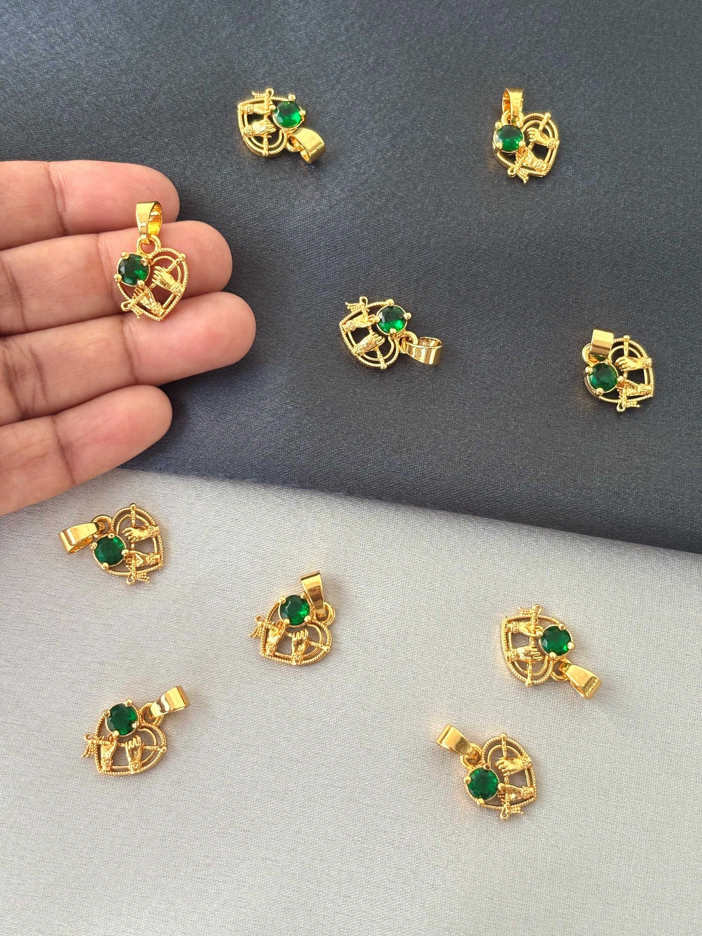 Gold-Plated Green Heart Pendant with Hand Motif