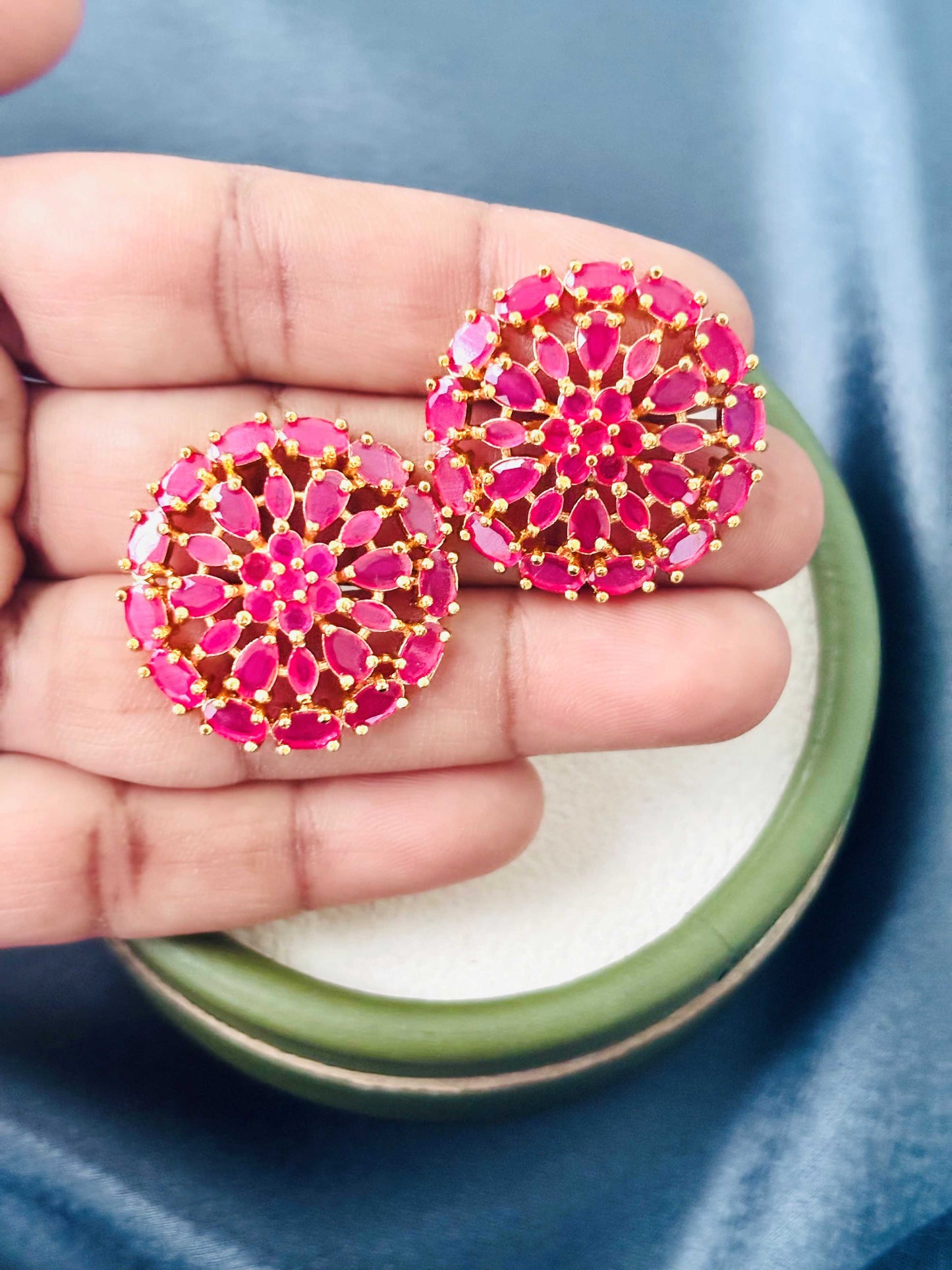 Gold Pink Floral Wheel Stud Earrings