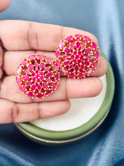 Gold Pink Floral Wheel Stud Earrings