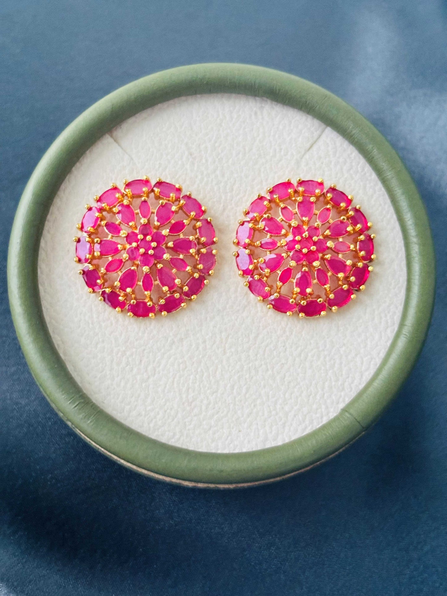 Gold Pink Floral Wheel Stud Earrings