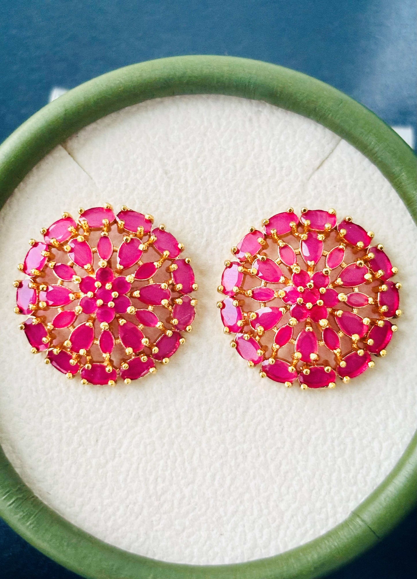Gold Pink Floral Wheel Stud Earrings