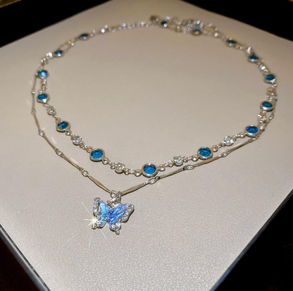 Blue Butterfly Layered Silver Necklace