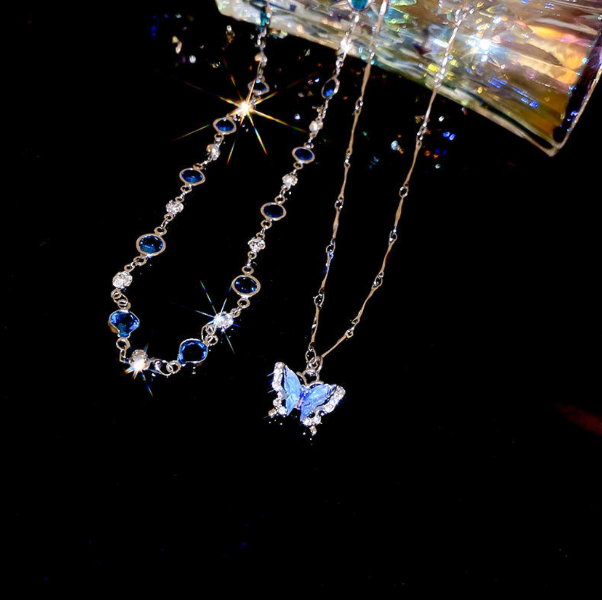 Blue Butterfly Layered Silver Necklace