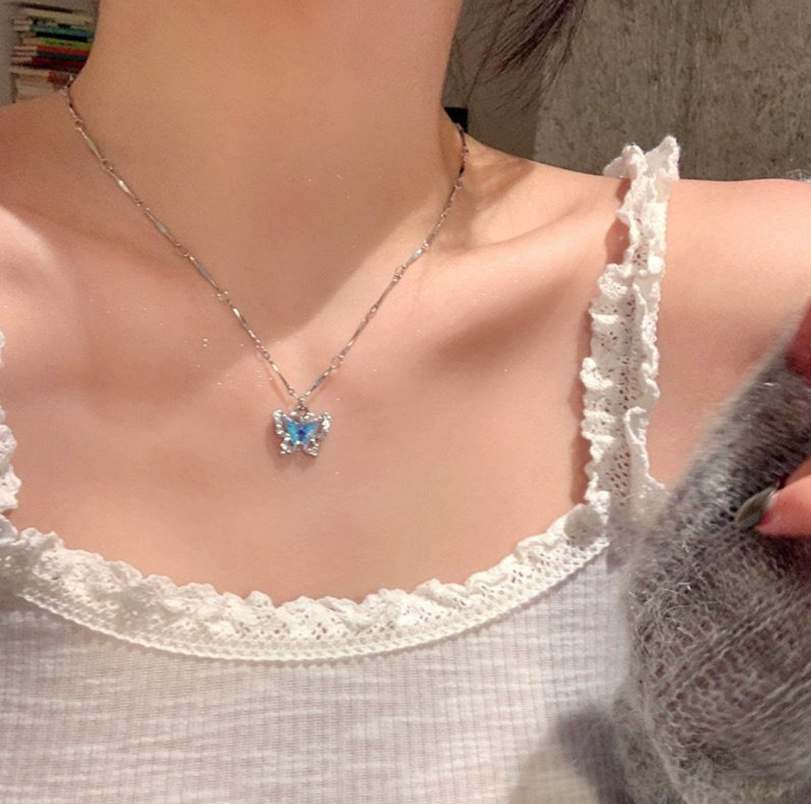 Blue Butterfly Layered Silver Necklace