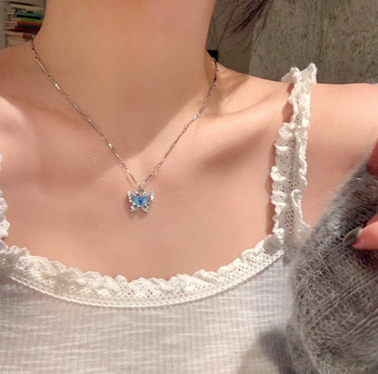 Blue Butterfly Layered Silver Necklace