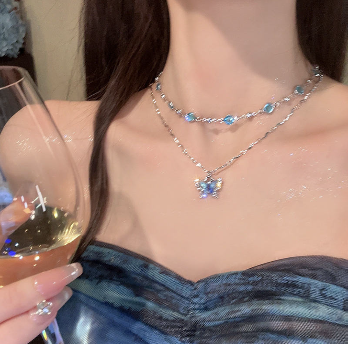 Blue Butterfly Layered Silver Necklace