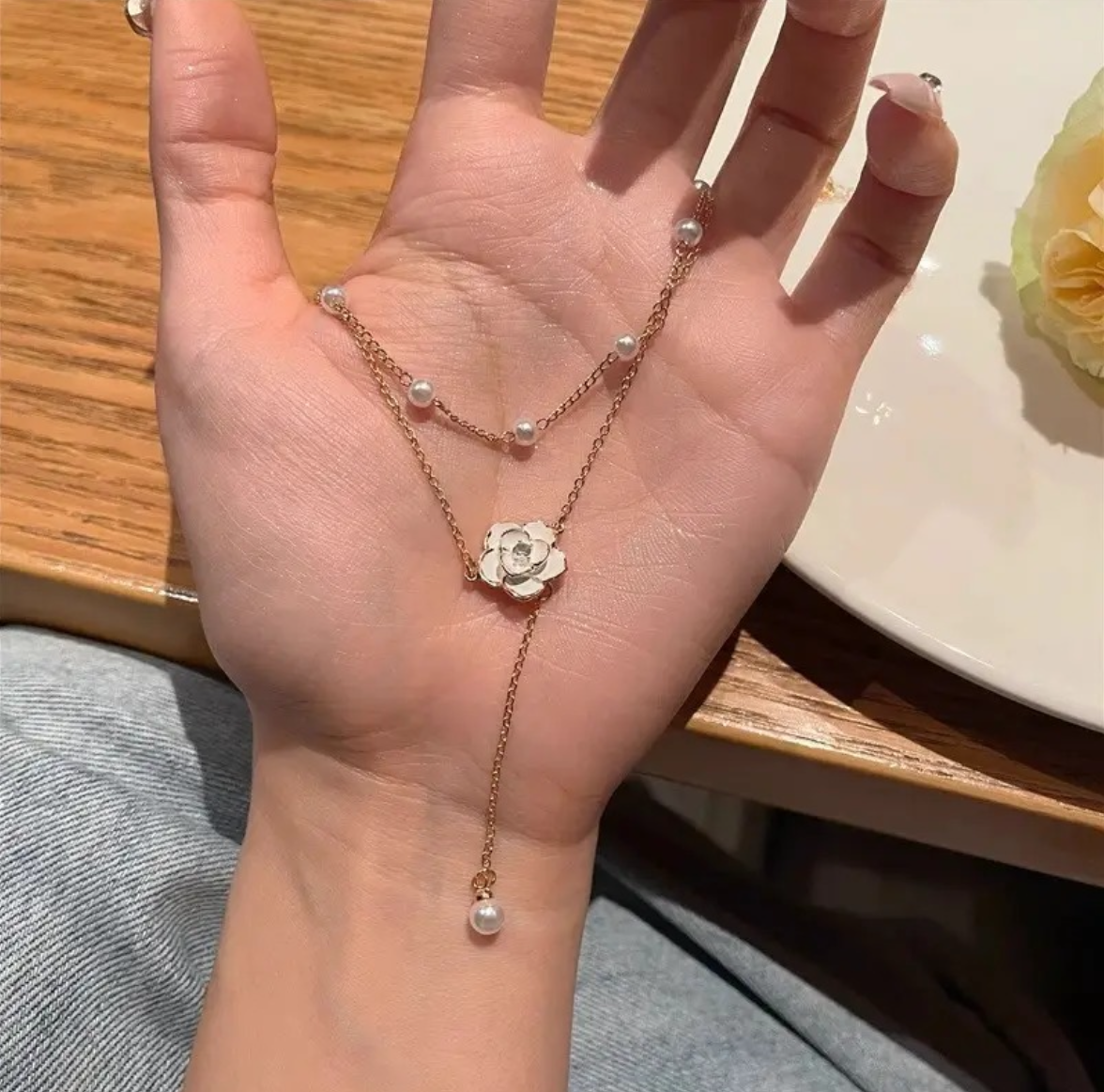 Double Layer Pearl Camellia Necklace