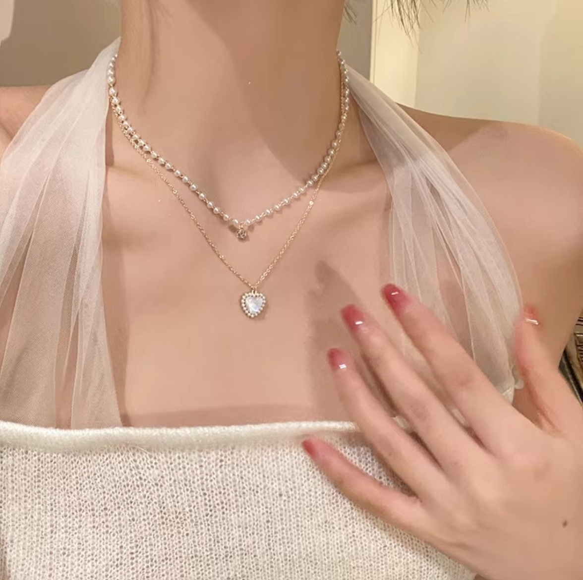 Double Layer Pearl Heart Necklace