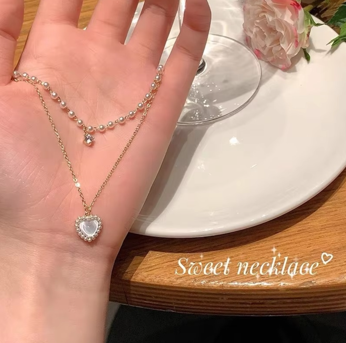 Double Layer Pearl Heart Necklace