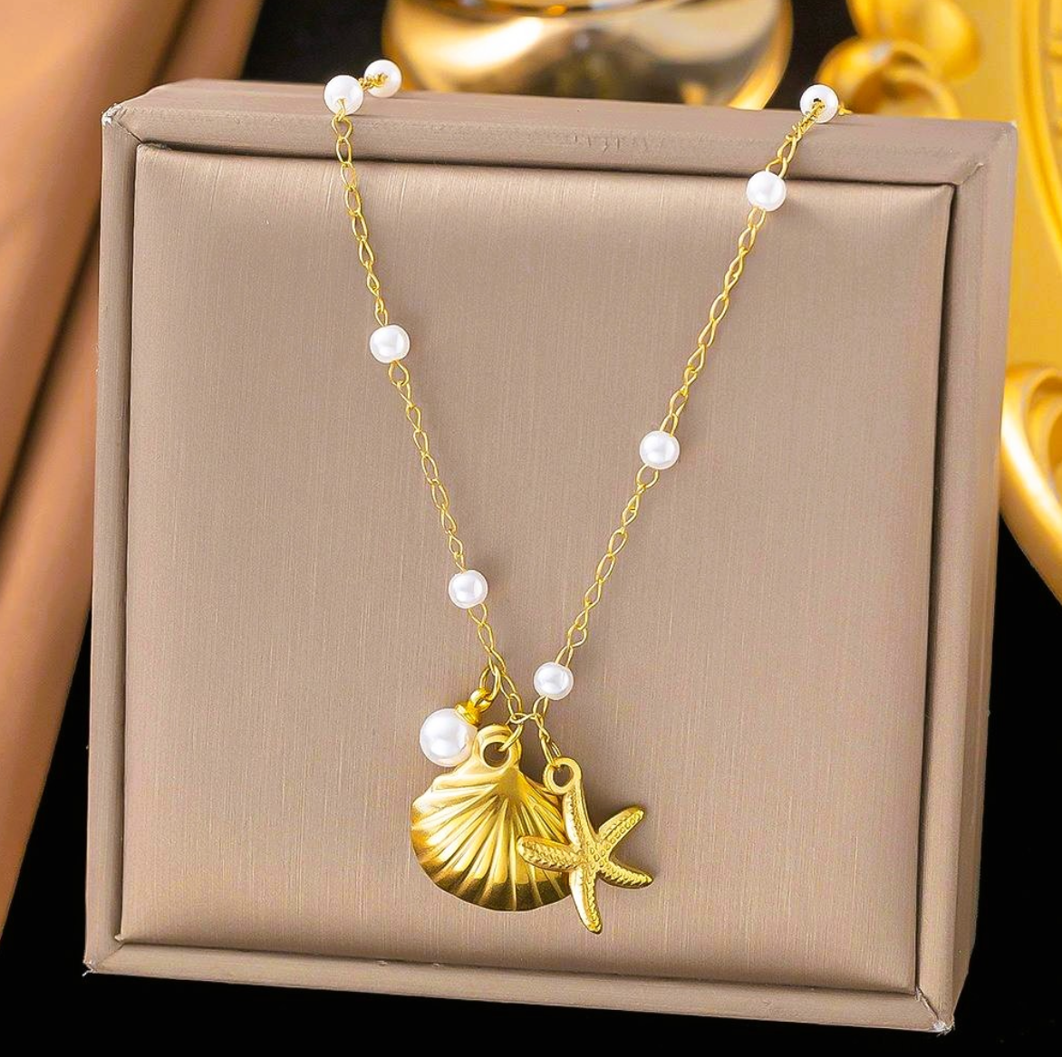 Pearl Chain Sea Shell Starfish Necklace