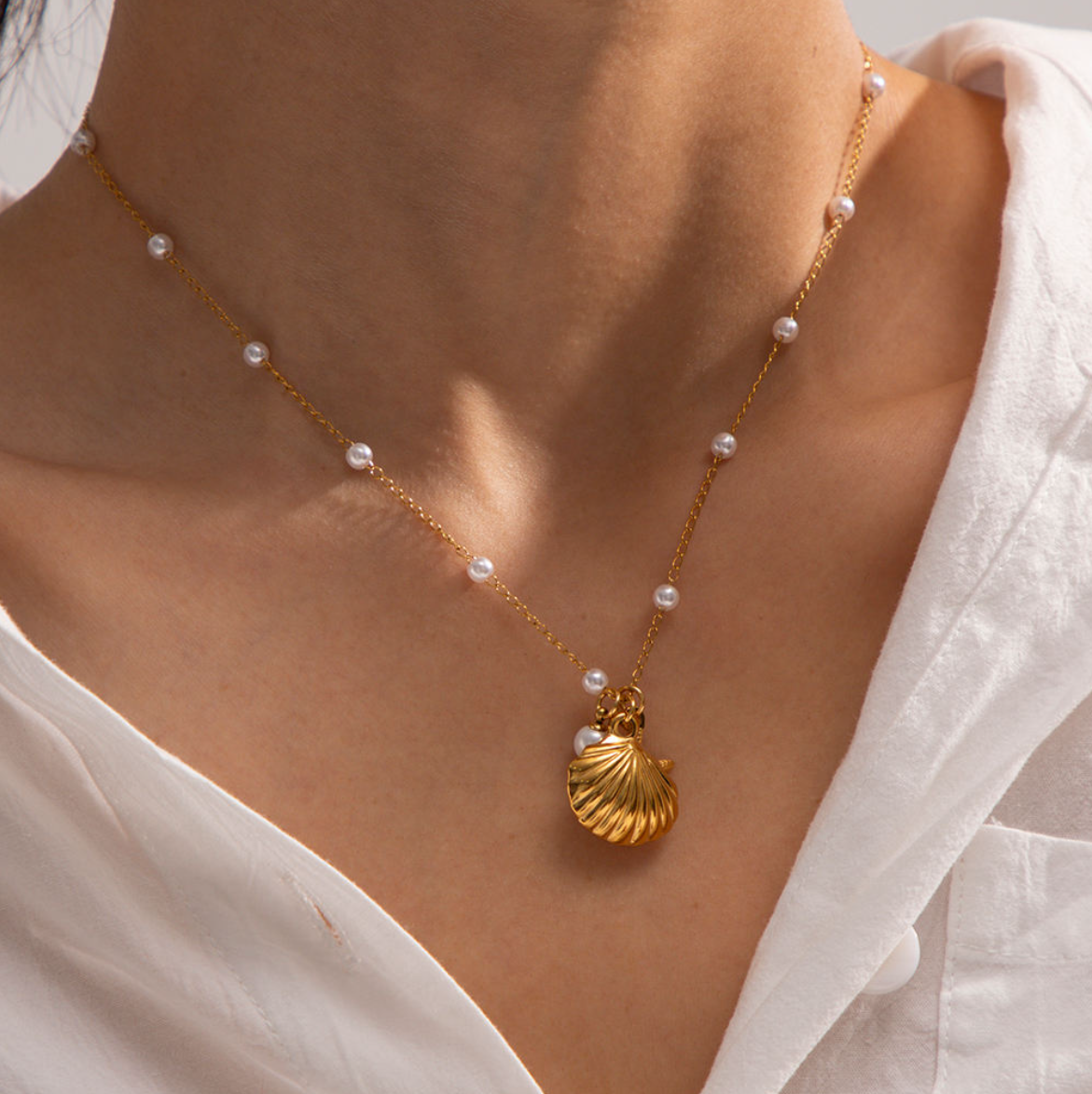 Pearl Chain Sea Shell Starfish Necklace