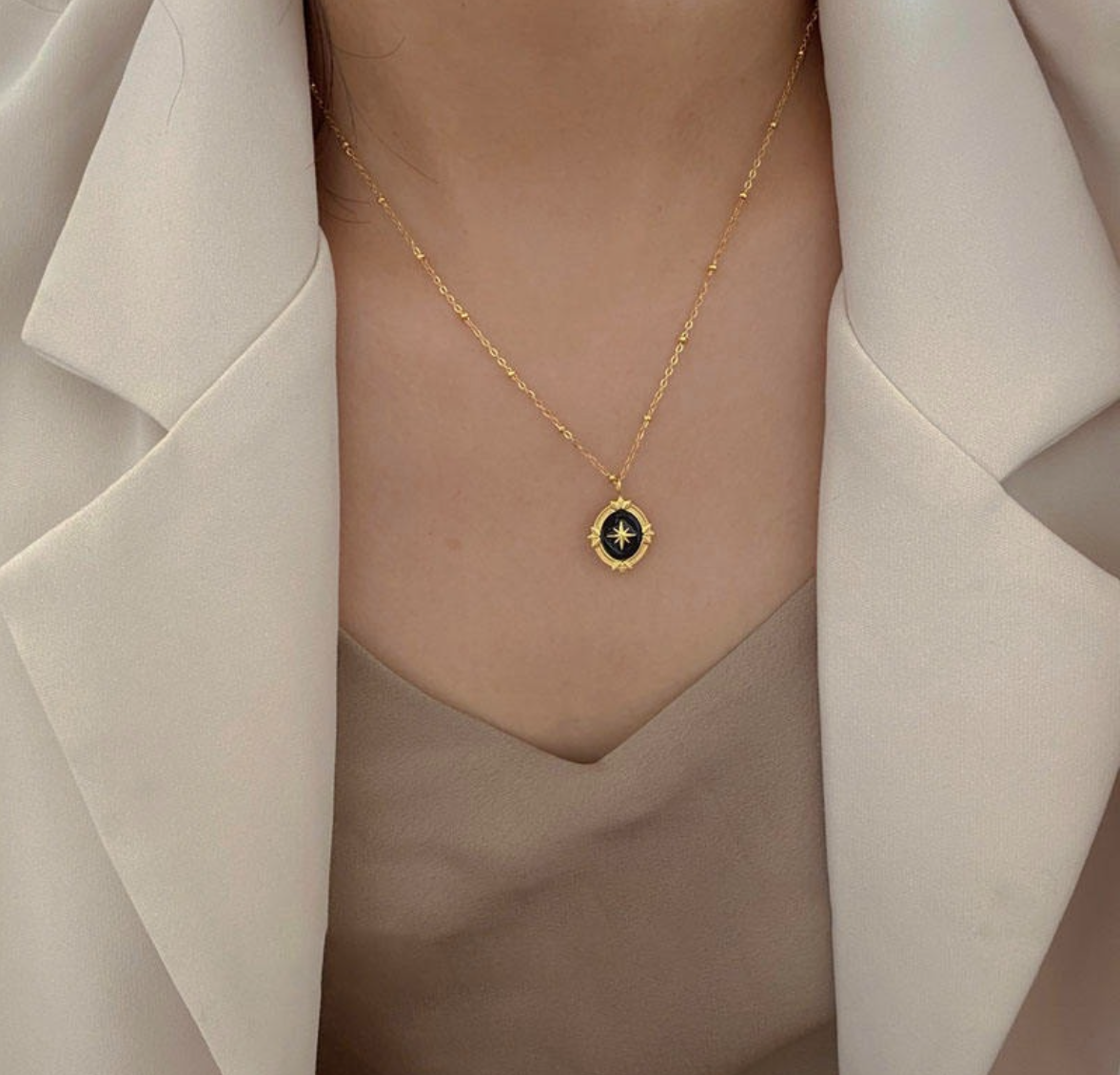 Black Enamel Oval Pendant Necklace