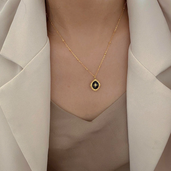 Black Enamel Oval Pendant Necklace