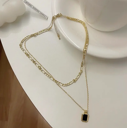 Rose Gold-Plated Dual Layer Black Pendant Necklace