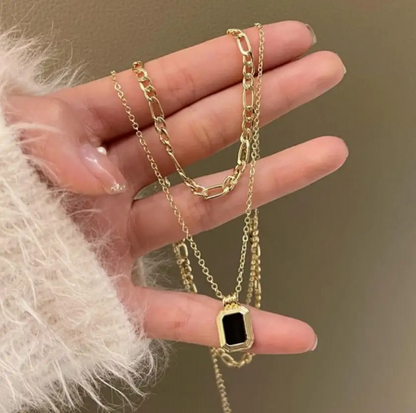 Rose Gold-Plated Dual Layer Black Pendant Necklace