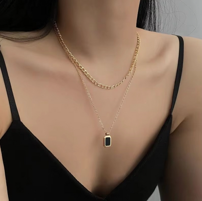Rose Gold-Plated Dual Layer Black Pendant Necklace