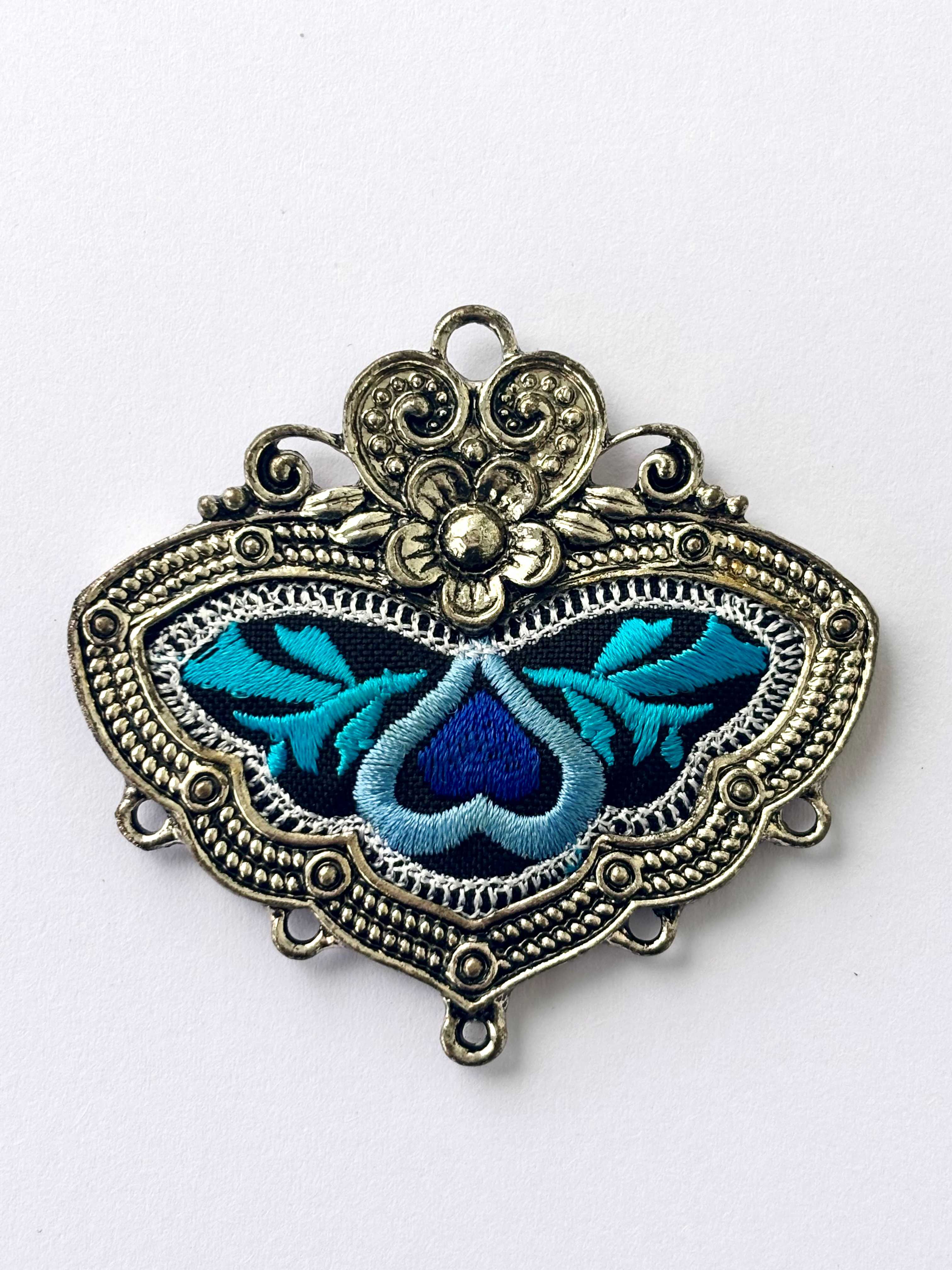 Blue Embroidered Heart Pendant