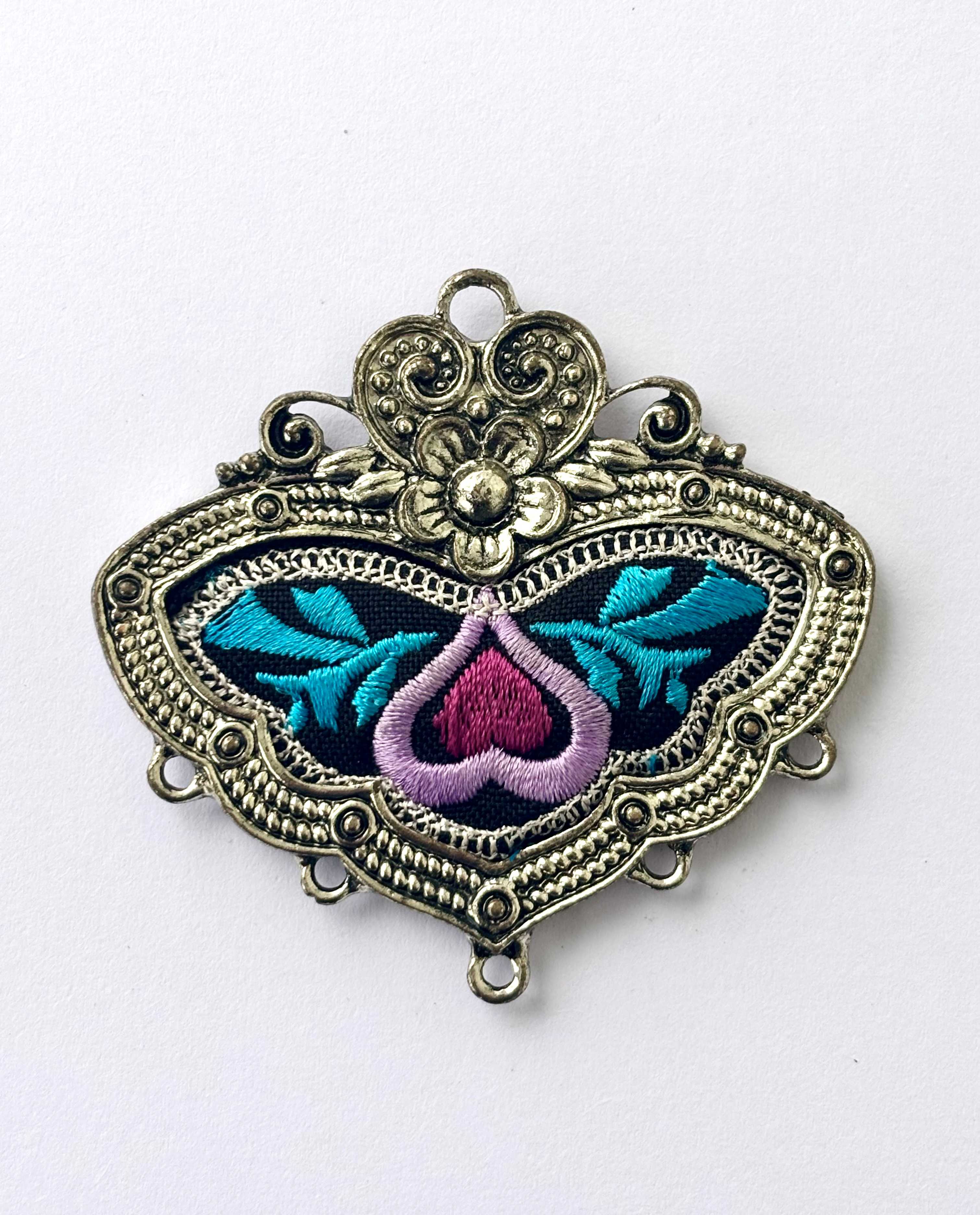 Pink & Blue Embroidered Heart Pendant