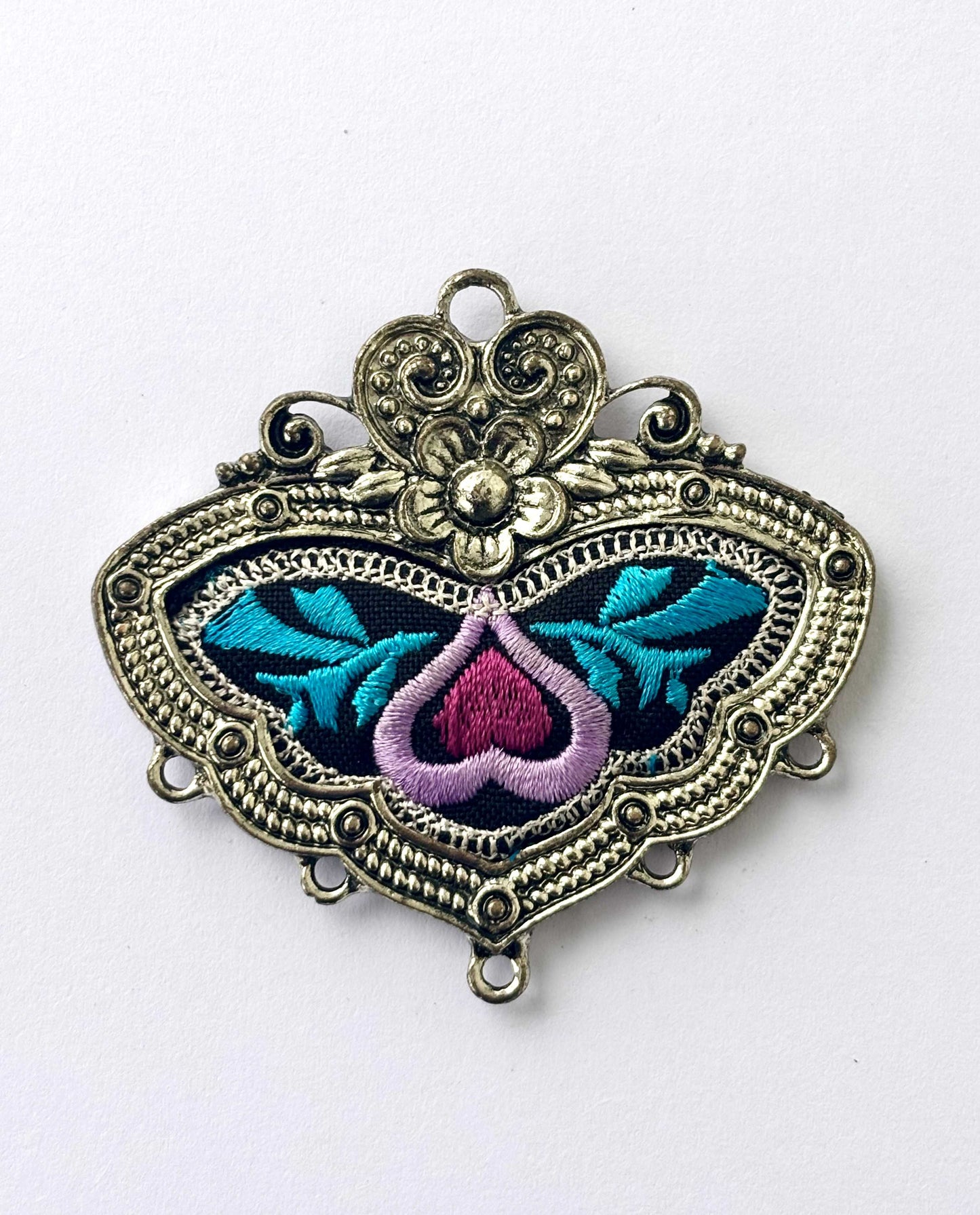 Pink & Blue Embroidered Heart Pendant