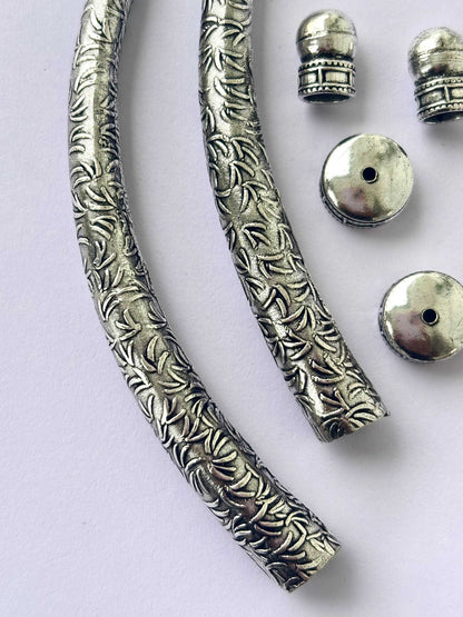 Textured Leaf Pattern Silver Hasuli Curved Tubes