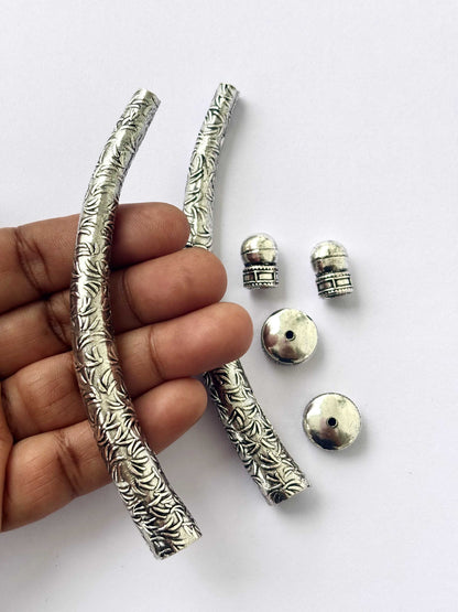 Textured Leaf Pattern Silver Hasuli Curved Tubes