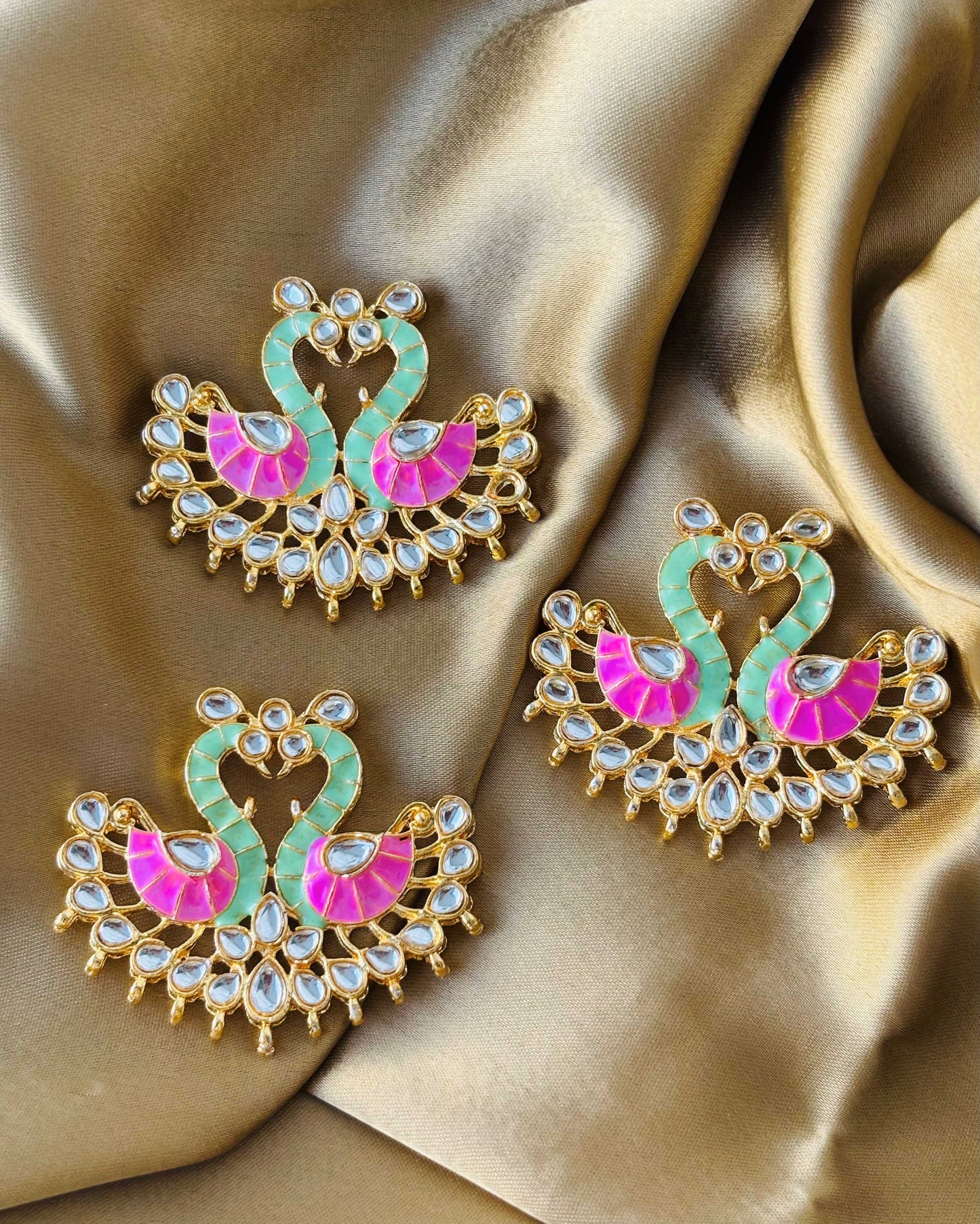 Pink and Mint Green Twin Swan Meenakari Pendants