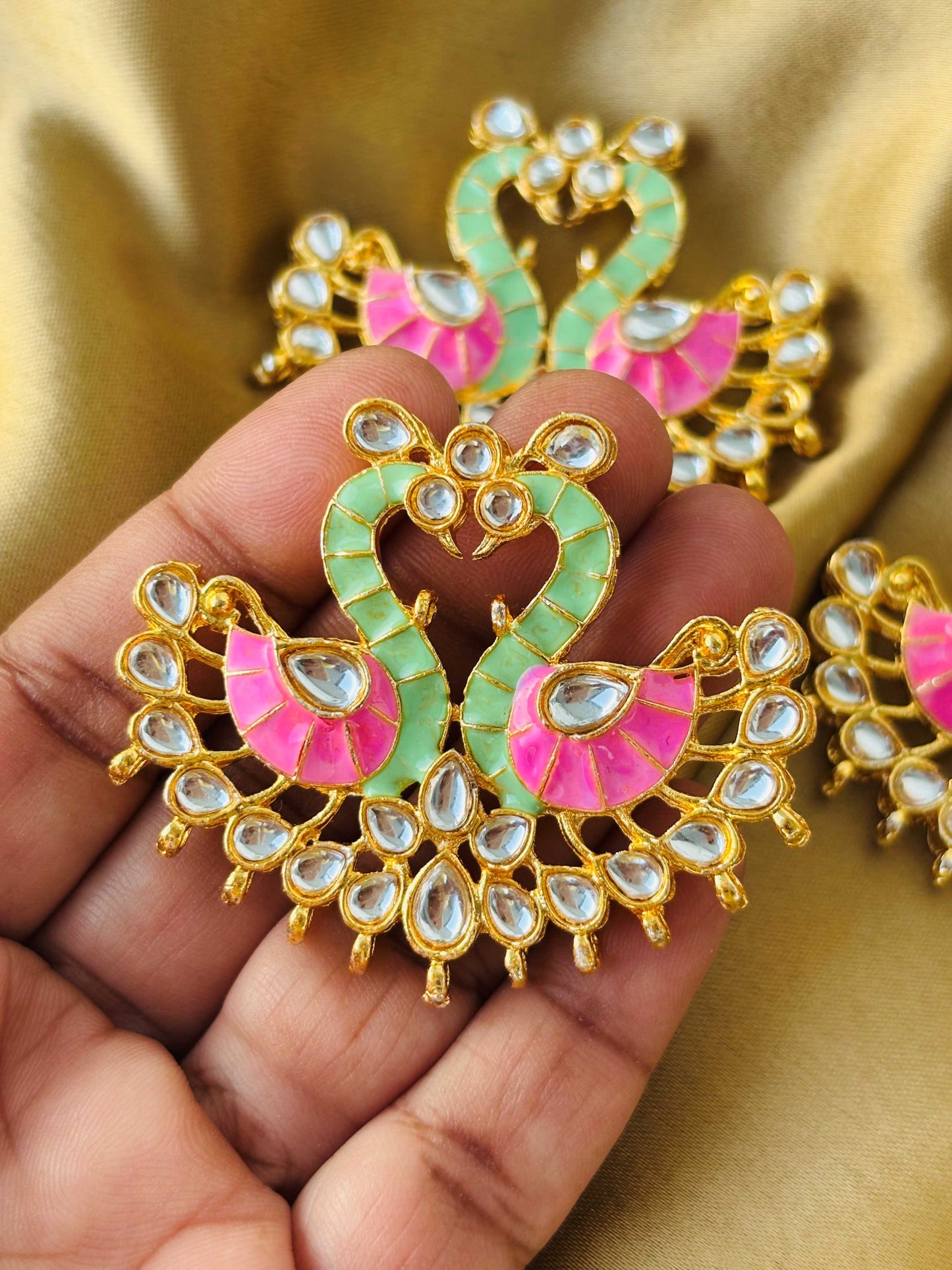 Pink and Mint Green Twin Swan Meenakari Pendants