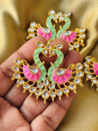 Pink and Mint Green Twin Swan Meenakari Pendants