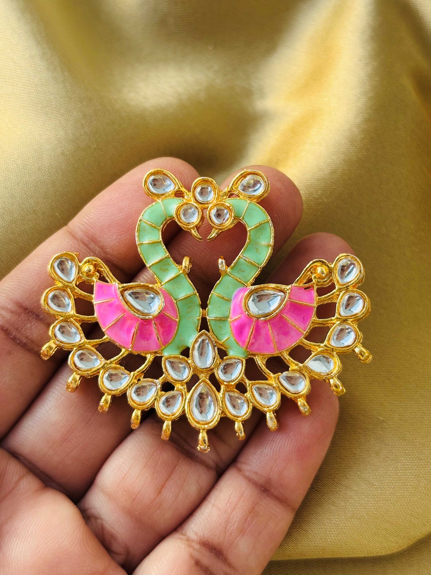 Pink and Mint Green Twin Swan Meenakari Pendants