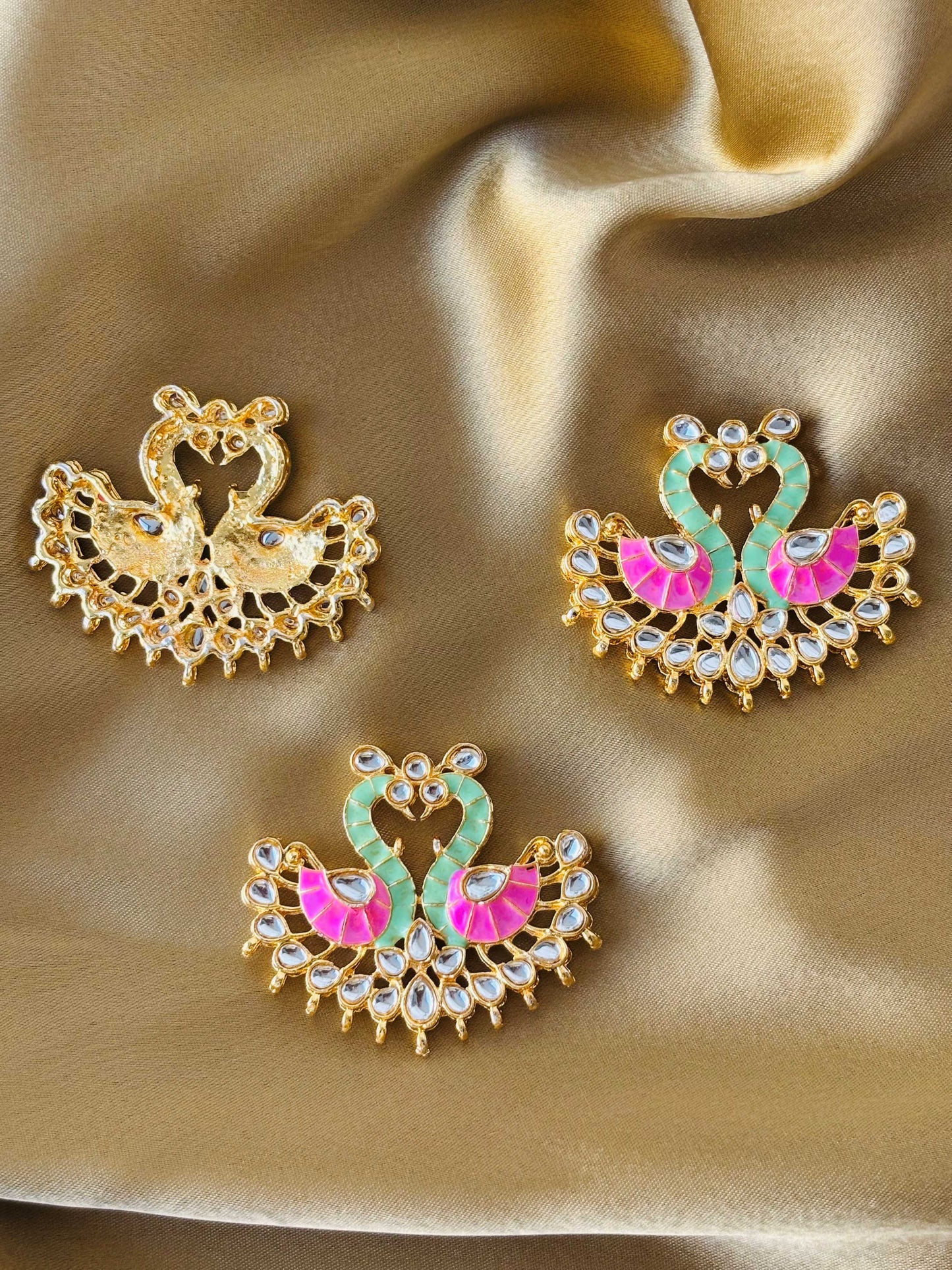 Pink and Mint Green Twin Swan Meenakari Pendants