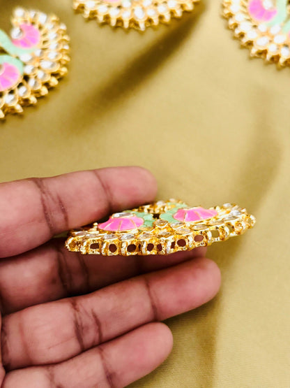 Pink and Mint Green Twin Swan Meenakari Pendants