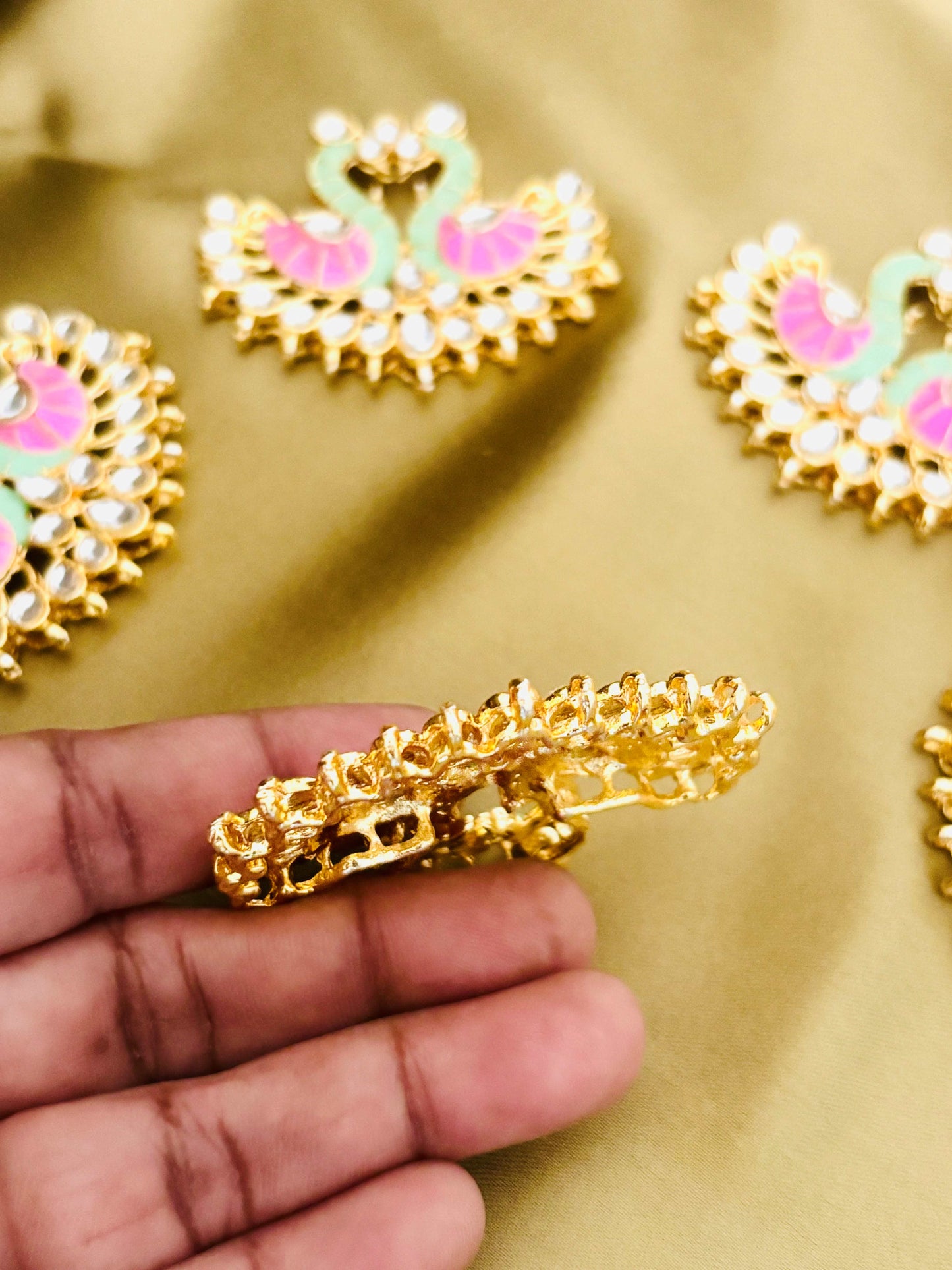 Pink and Mint Green Twin Swan Meenakari Pendants