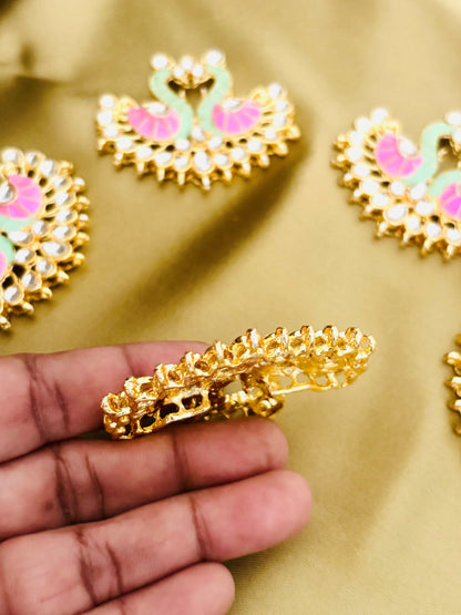 Pink and Mint Green Twin Swan Meenakari Pendants
