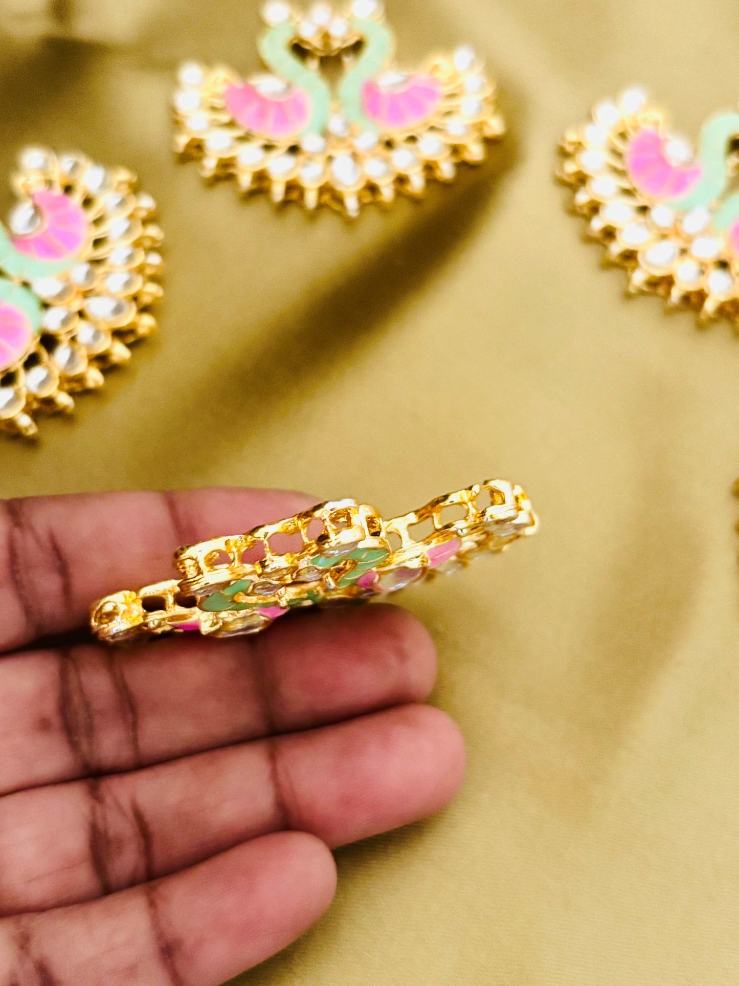 Pink and Mint Green Twin Swan Meenakari Pendants