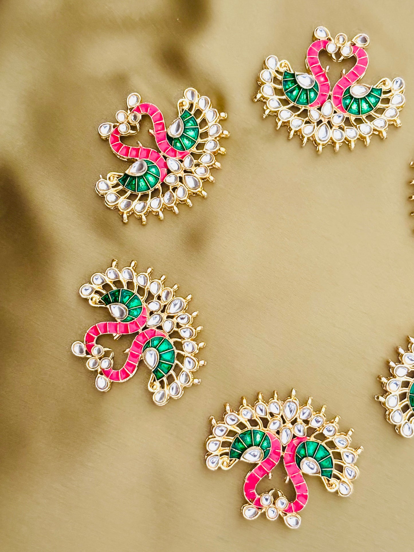Green and Rose Twin Swan Meenakari Pendants